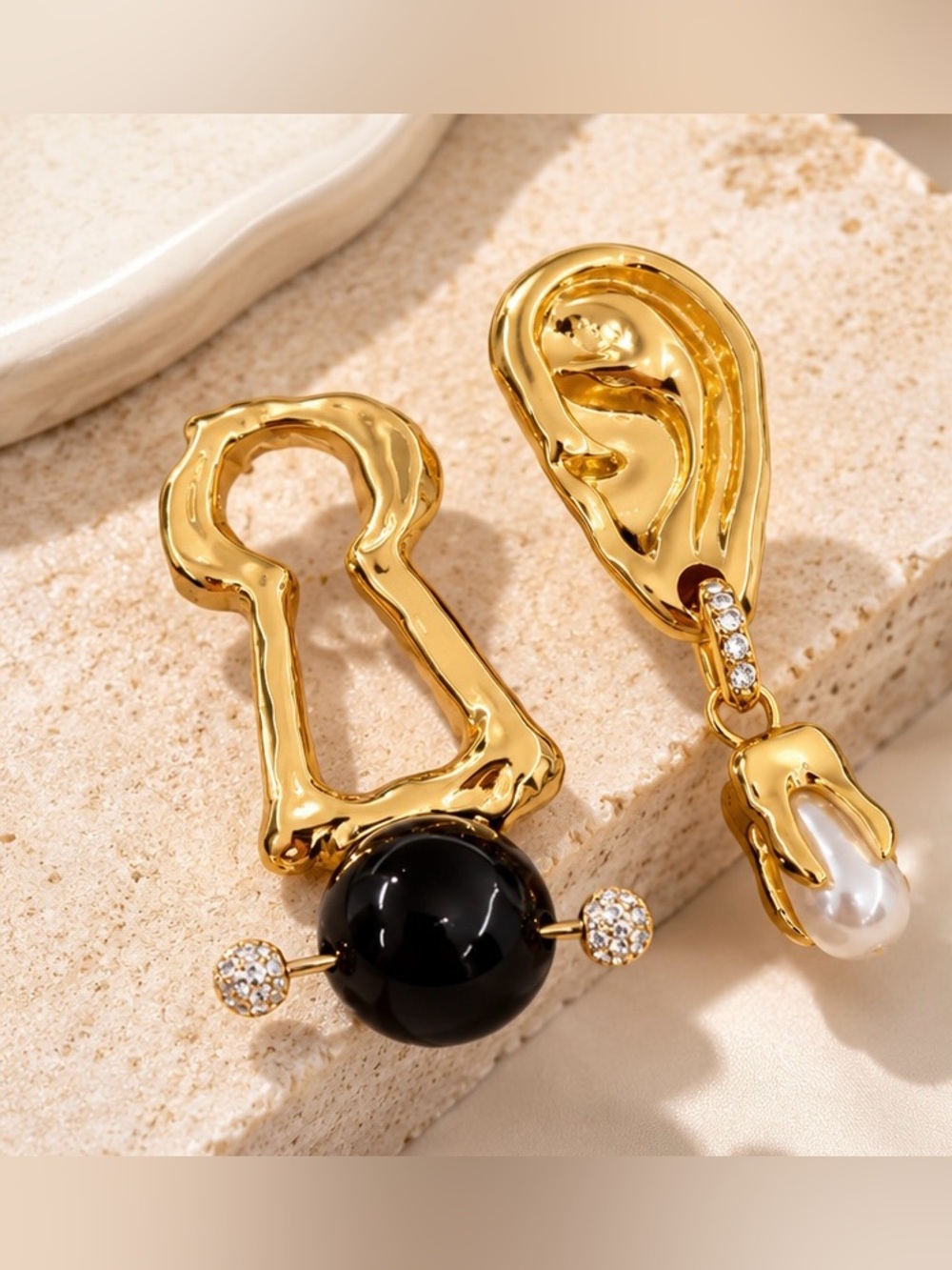 Gold Tone Mismatched Pearl & Black Bead Statement Earrings